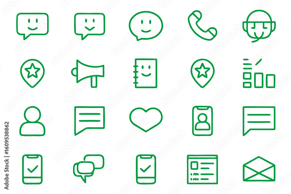 Poster comprehensive collection of stylized line art symbols representing customer opinions satisfaction le