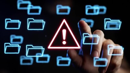 Data Breach Warning Hand Interacting with Glowing Exclamation Point and Folder Icons. Cybersecurity Risk Concept. - Powered by Adobe