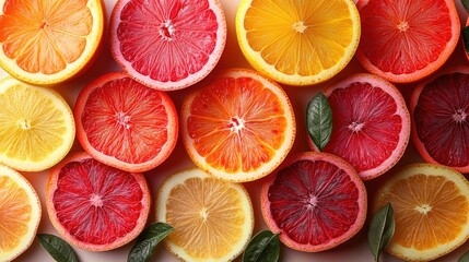 A clean and minimal composition of symmetrical fruit slices, each one precise and brightly colored