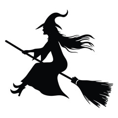 Silhouette of witch riding The Broom Isolated On White Background. Vector eps editable file Illustration