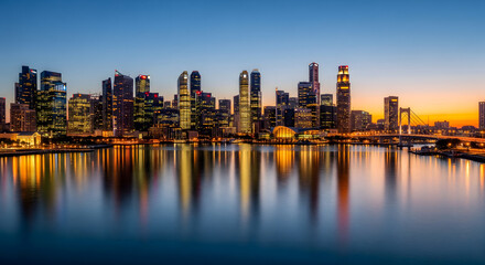Fototapeta premium A modern city skyline with illuminated skyscrapers reflects beautifully on calm water at dusk, under a colorful sky