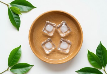 Ice cubes in a wooden bowl with green leaves