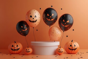 Halloween pumpkins and jack o lantern balloons on orange background image