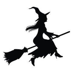 Silhouette of witch riding The Broom Isolated On White Background. Vector eps editable file Illustration