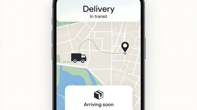 Modern smartphone screen displaying a delivery app interface with a gps map showing a truck icon and a destination pin for logistics and courier services