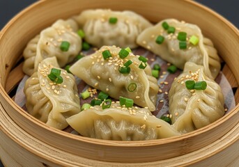 Steamed dumplings garnished with scallions and sesame