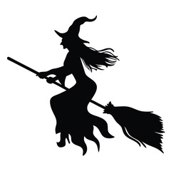 Silhouette of witch riding The Broom Isolated On White Background. Vector eps editable file Illustration