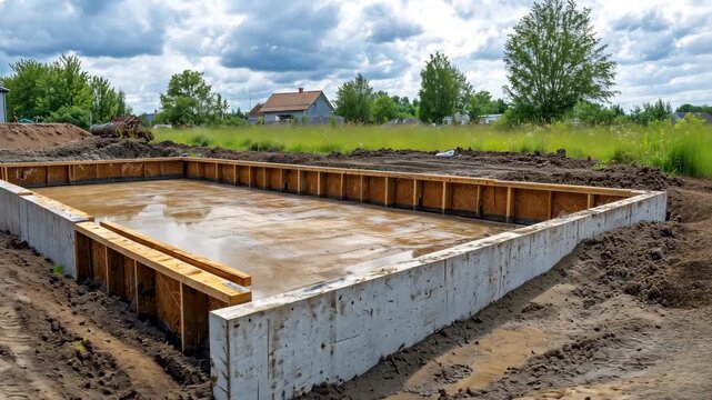 Workers are preparing a concrete foundation for a new home in a rural area surrounded by trees and open land