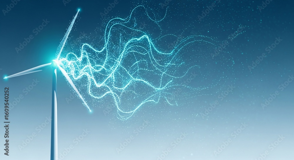 Poster wind turbine generating clean energy represented by glowing particle effects against a blue gradient