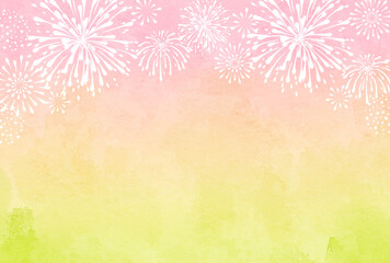 ピンクと黄緑のグラデーションの水彩背景と花火のイラスト	