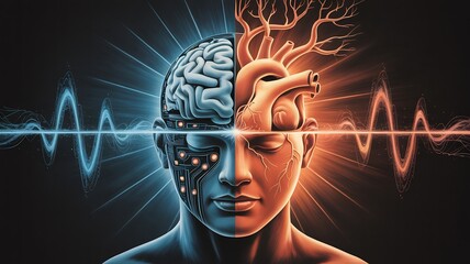 Brain and heart connection concept, human mind power, ai technology and emotional intelligence art