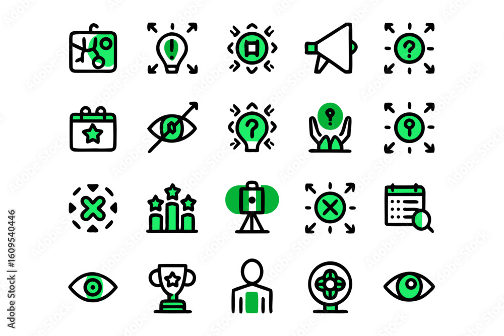 Poster clean line art graphic elements collection depicting concepts of focus concentration and attention t