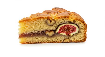 Isolated slice of fig and walnut cake displayed on a clean white background for dessert and bakery presentation