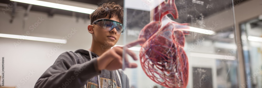 Poster student engages with 3d anatomy model using augmented reality in biology class during a hands-on lea