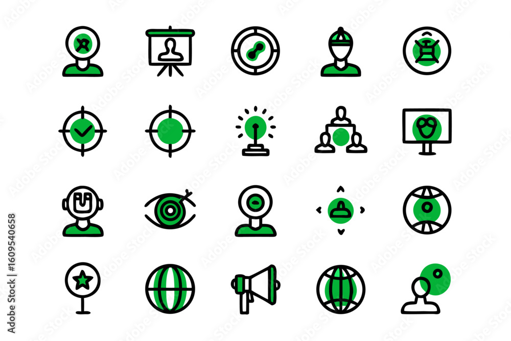 Poster comprehensive collection of clean line art symbols representing various concepts and ideas presented