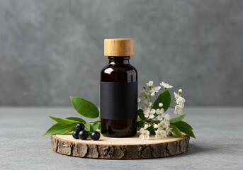 Amber glass serum bottle with dropper and botanicals