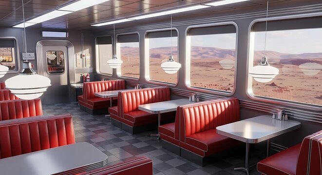 A vintage diner interior with red booths and tables, showcasing a desert landscape view through large windows.