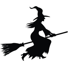 Silhouette of witch riding The Broom Isolated On White Background. Vector eps editable file Illustration