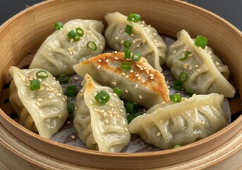 Steamed dumplings in a bamboo steamer basket