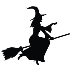 Silhouette of witch riding The Broom Isolated On White Background. Vector eps editable file Illustration