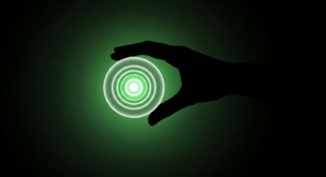 Silhouette of a hand holding a vibrant green glowing energy orb on a dark background.