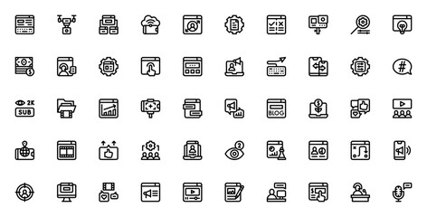 Content Creator icon set. Digital marketing vector icons. Includes content management, camera drone, live streaming, vlog, social engagement, podcast and more. Editable stroke design.