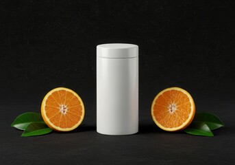 White container with fresh orange halves and leaves