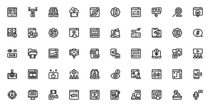 Content Creator icon set. Digital marketing vector icons. Includes content management, camera drone, live streaming, vlog, social engagement, podcast and more. Editable stroke design.