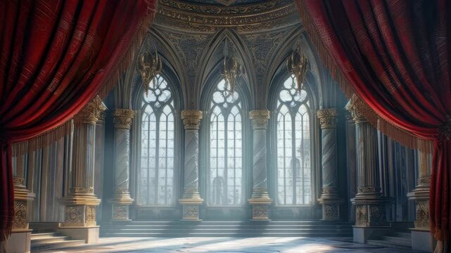 A majestic, ornate hall with gothic arches and red drapes. The wide-angle shot captures a cinematic video feel with dramatic lighting. Live desktop wallpaper.