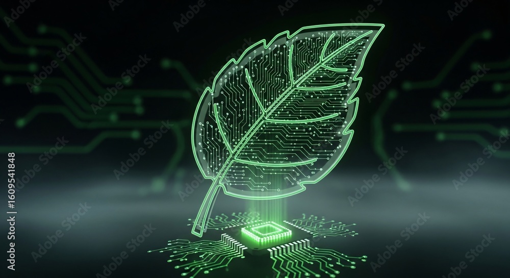Poster digital leaf with circuit board patterns and glowing cpu symbolizing green technology and eco-friend