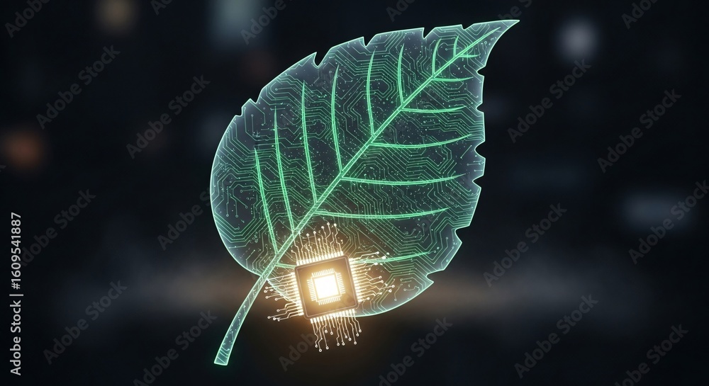 Poster digital green leaf shaped circuit board with a glowing microchip symbolizing sustainable technology.