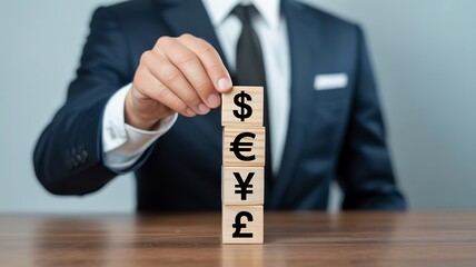 Global finance and currency exchange rates concept with wooden blocks showing dollar euro yen pound