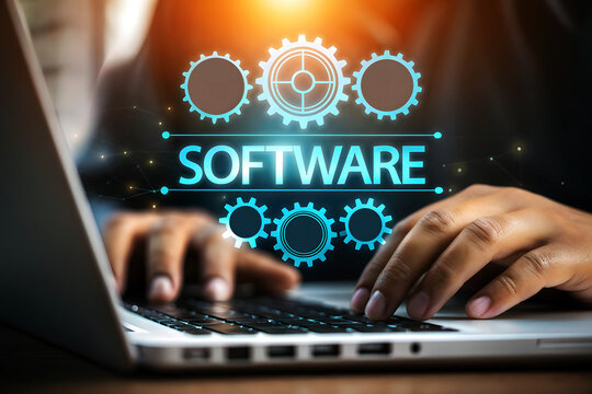 Person typing on laptop with glowing software gears and text