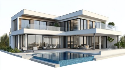 3d rendering of modern house by the river house, luxury, villa, modern, architecture, building, exterior, residential, property, designer