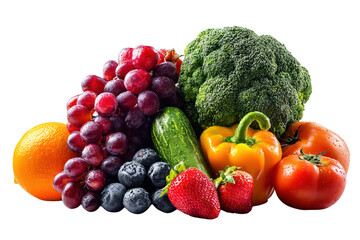 A colorful assortment of fresh fruits and vegetables including grapes, broccoli, orange, cucumber, blueberries, strawberries, bell pepper, and tomatoes.