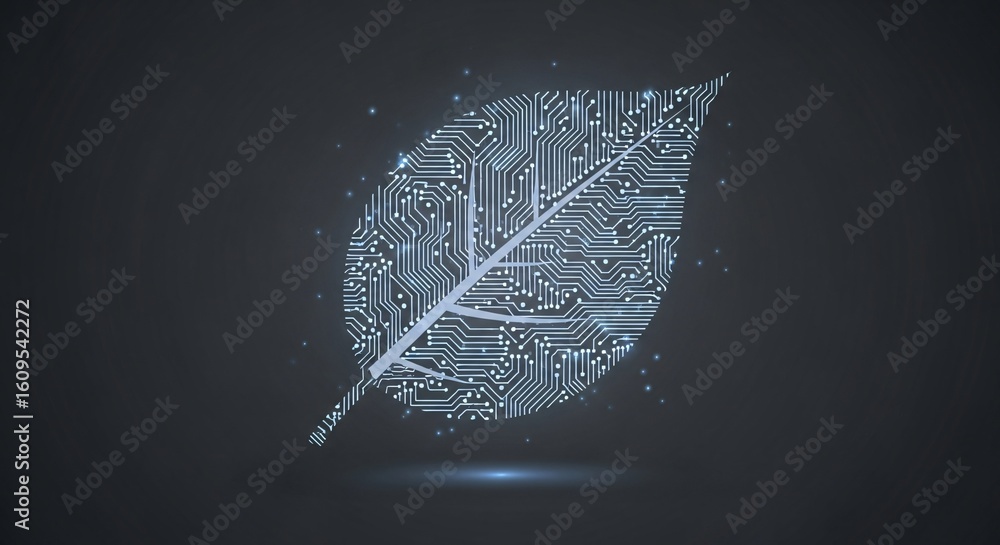 Poster digital circuit board in the shape of a leaf symbolizing green technology and sustainable innovation
