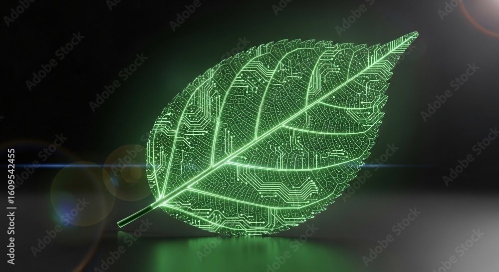 Poster conceptual image of a glowing green leaf with integrated circuit patterns against a dark background,