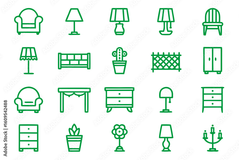 Poster collection of minimalist linear icons representing various furniture items and household objects pre