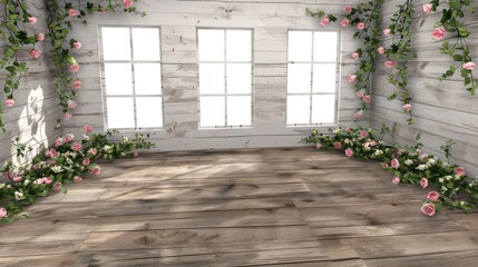 Fototapeta premium Room with Wooden Floor Windows and Roses