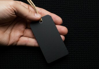 Hand holding a blank black tag