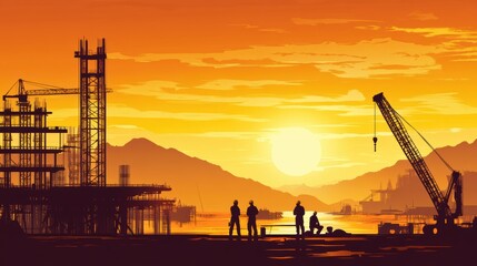 Obraz premium Silhouettes of Engineers and workers inspecting a project on a building site background, construction site at sunset,