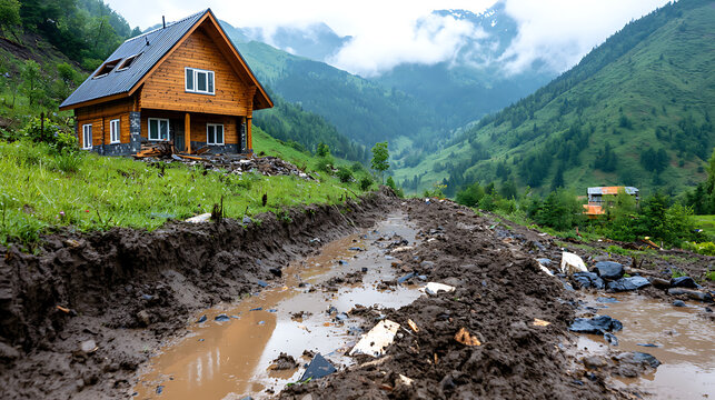 Flooding disaster affects mountain home remote location nature photography stormy environment ground level resilience concept