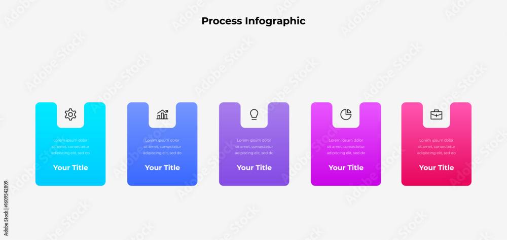 Poster infographic design showcasing five colorful gradient boxes with icons, each representing a specific 