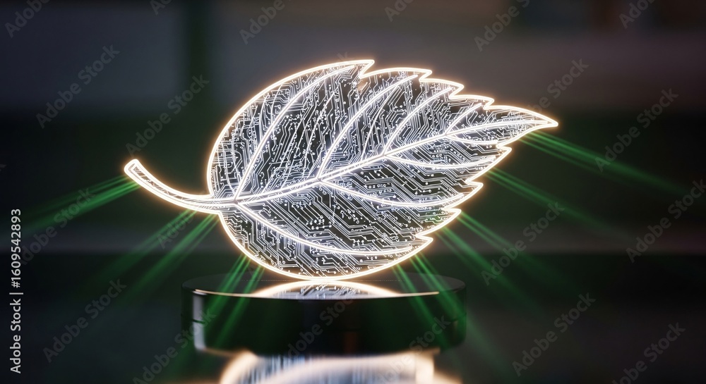Poster digital glowing leaf with circuit board patterns on a dark pedestal