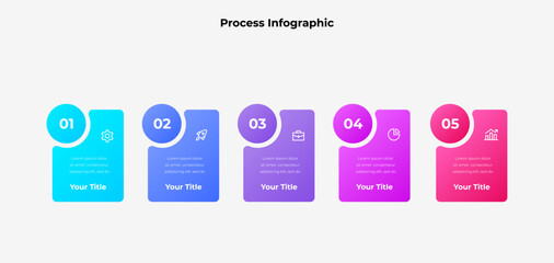Vibrant five step infographic displaying process flow, suitable for business and project organization presentations, concept illustrations, and workflow visualizations