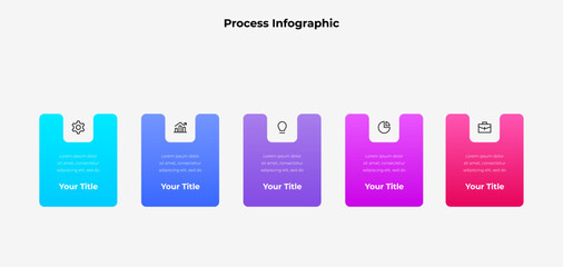 Infographic design showcasing five colorful gradient boxes with icons, each representing a specific concept. Perfect for illustrating workflows, step-by-step processes, or structured information