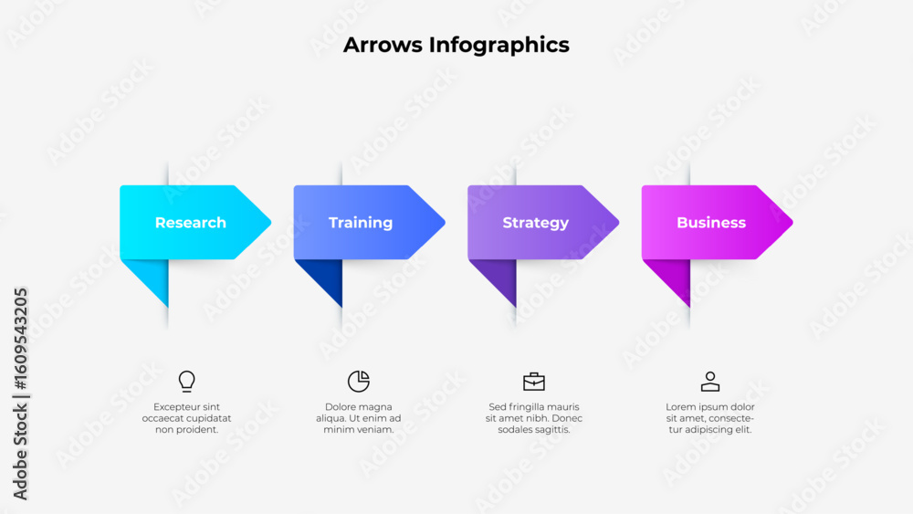 Canvas Prints modern infographic with colorful arrows showcasing a four step workflow: research, training, strateg