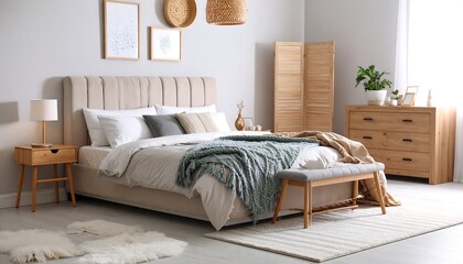 Cozy Neutral Bedroom Interior with Wood Accents