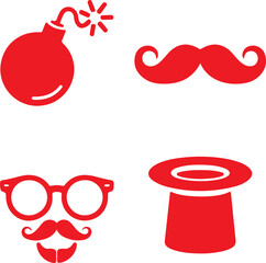 A collection of red icons including a bomb, mustache, glasses, and top hat on a white background