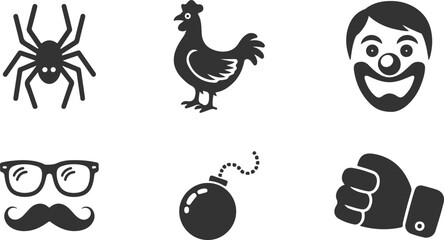 A collection of six distinct icons including a spider, chicken, clown, glasses with mustache, bomb, and fist